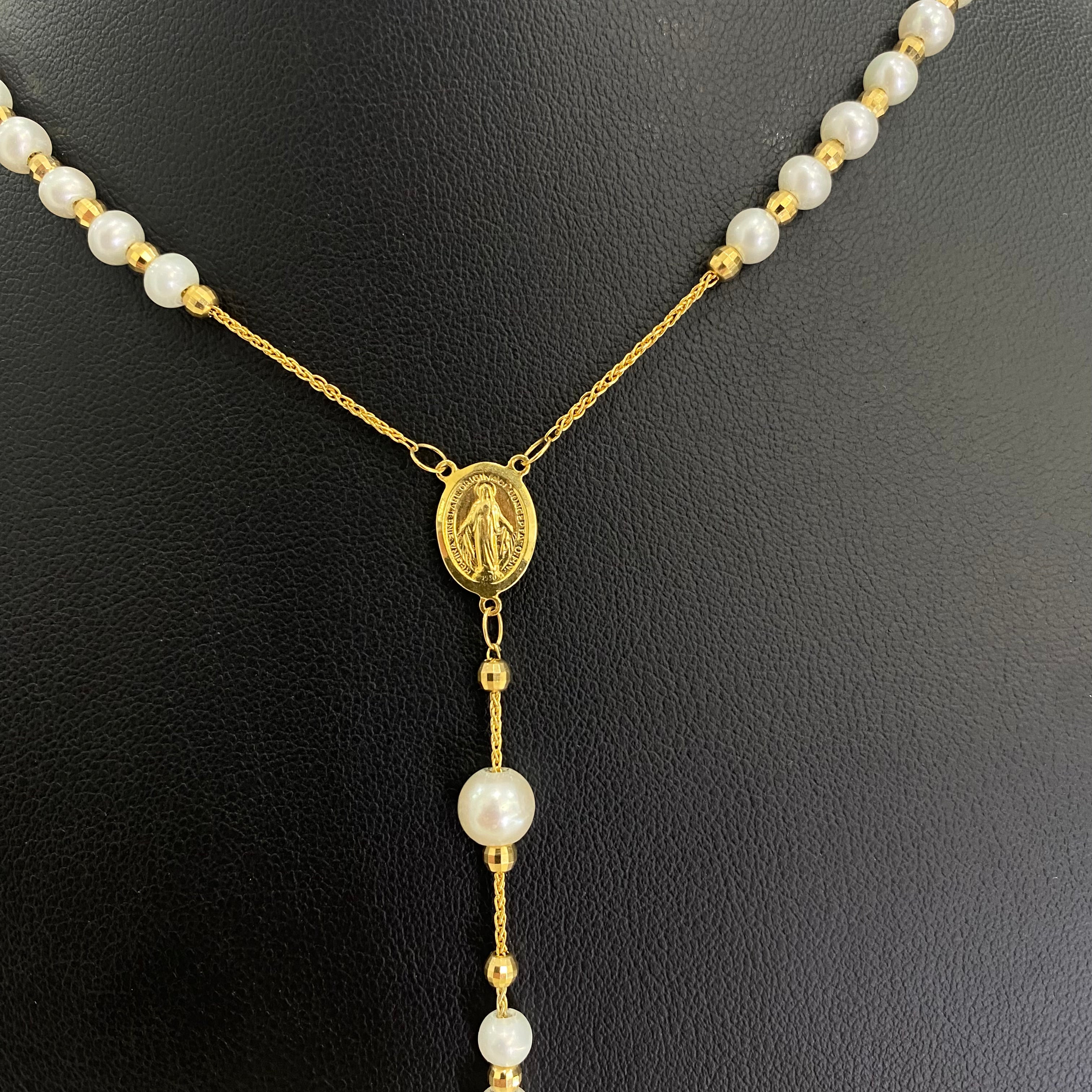 18K Yellow Gold Rosary Chain With Pearls / 16.2gr / 26in