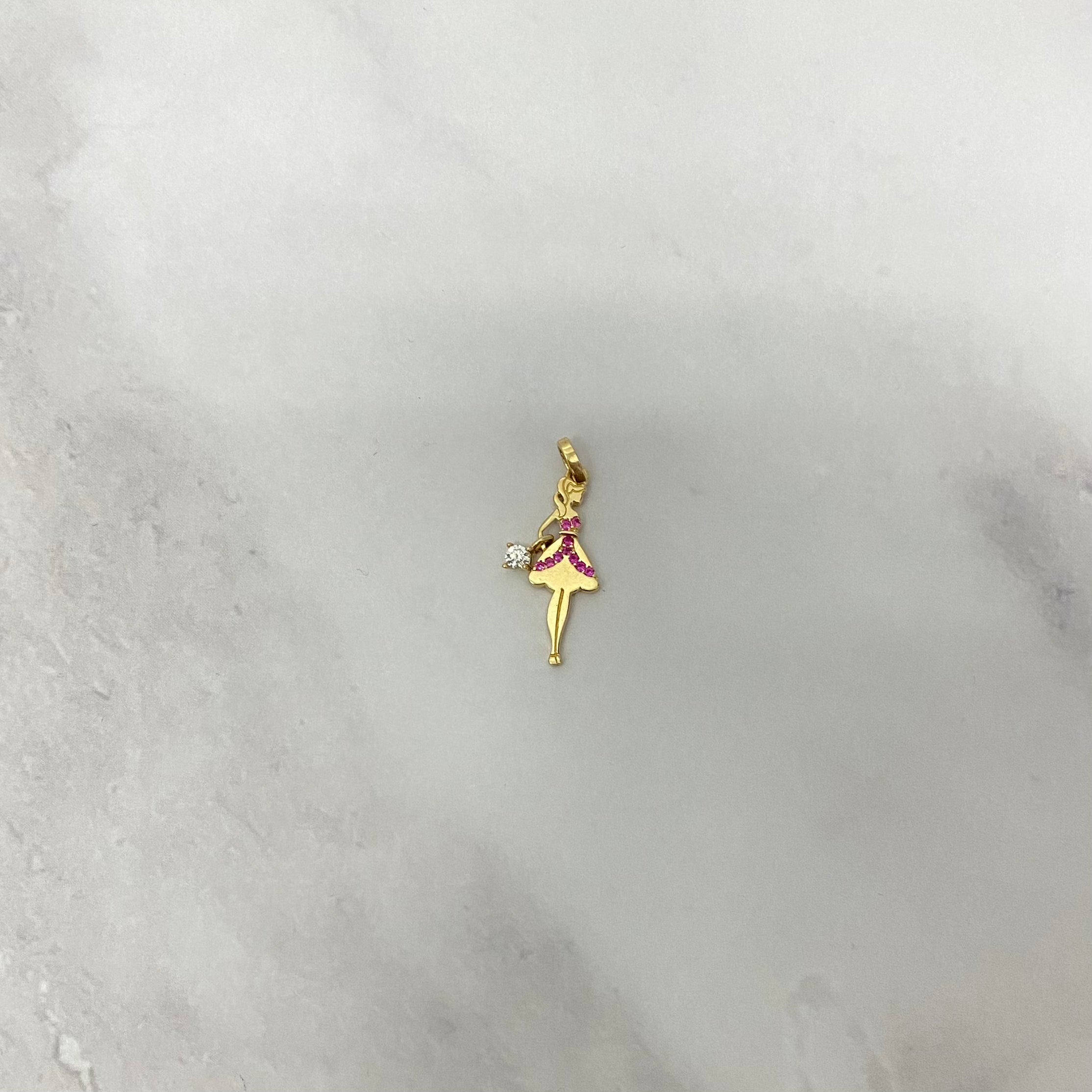 14K Yellow Gold Lady Pendant With Fucshia Zircons / 1gr / 1in