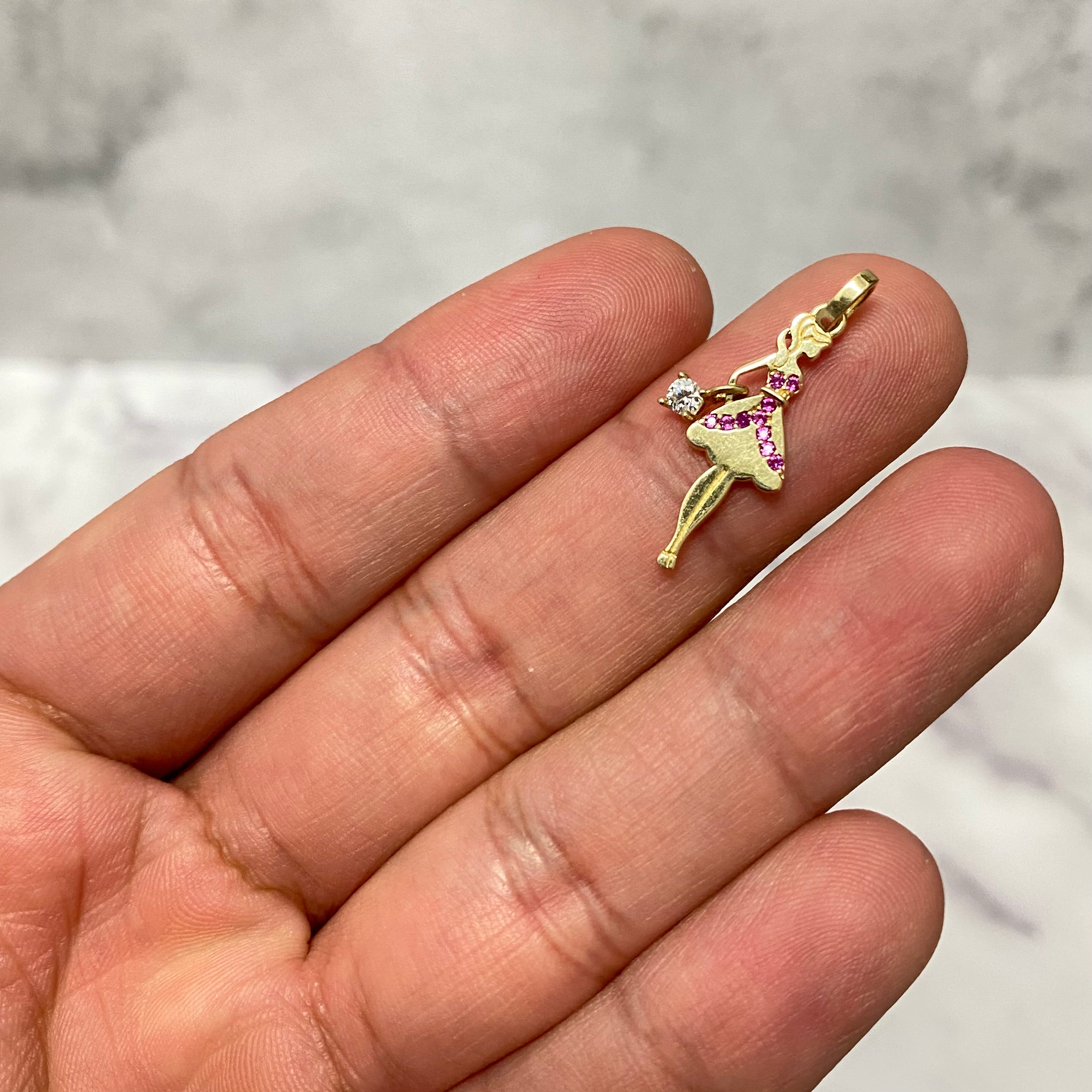 14K Yellow Gold Lady Pendant With Fucshia Zircons / 1gr / 1in