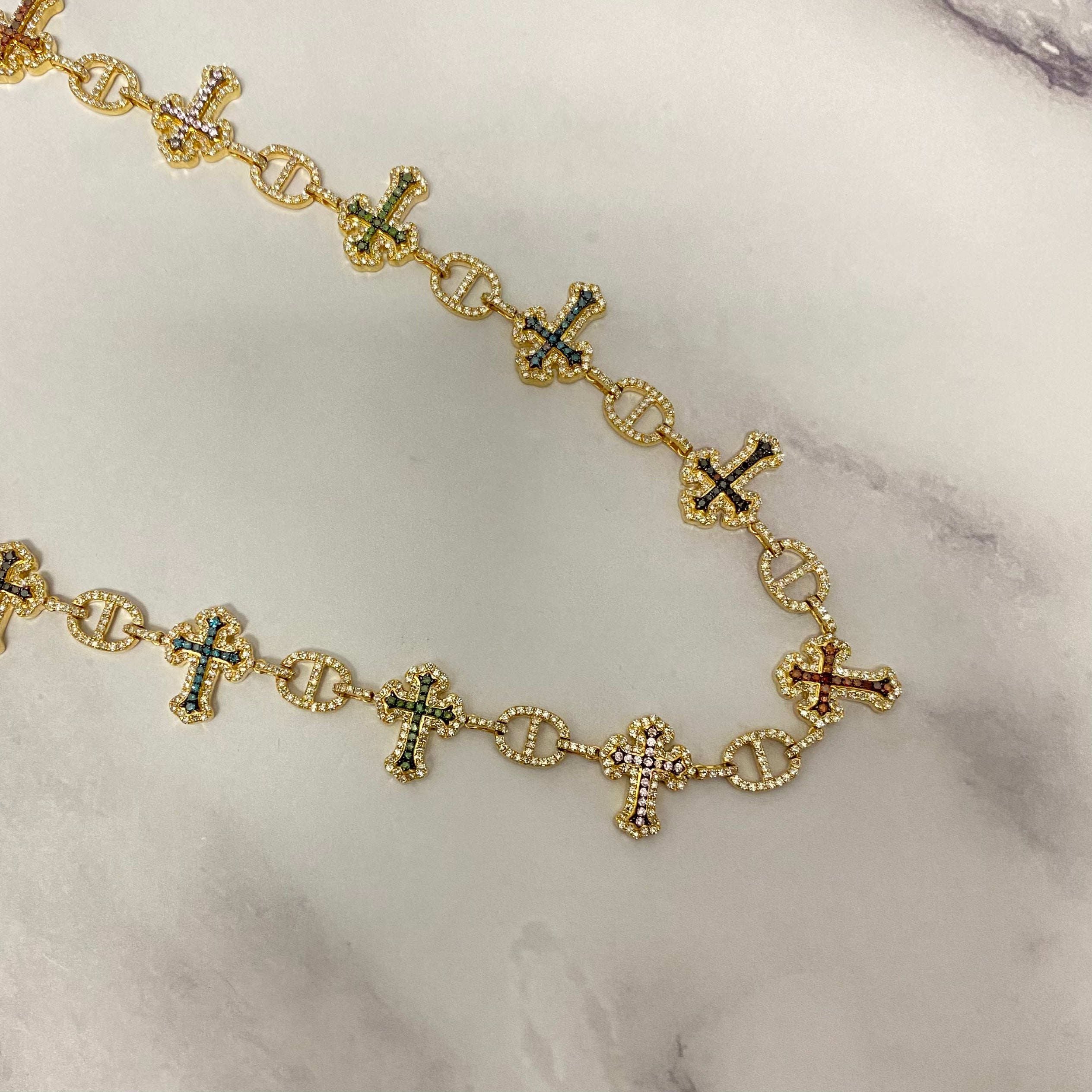 10K Yellow Gold Diamond Crosses Multicolor Chain 6.27Ct Lab Dia / 32.8gr / 7mm / 17in