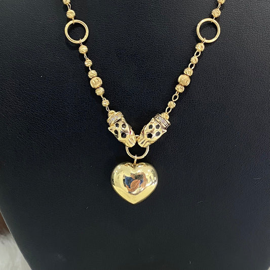 14K Yellow Gold Panther/Heart Chain With Zircons / 7.5gr / 1.9mm / 17in