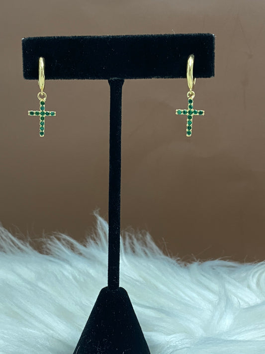 18K Yellow Gold Cross Hoop Earrings With Green Zircons / 2.8gr