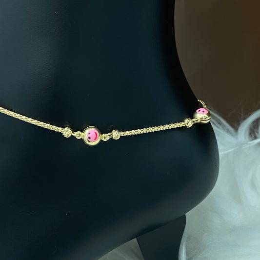 14K Yellow Gold Happy Face Pink Anklet With Zircons / 5gr / 1.4mm / 9in