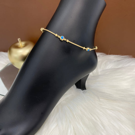 14K Yellow Gold Happy Face Blue Anklet With Zircons / 5gr / 1.4mm / 9in