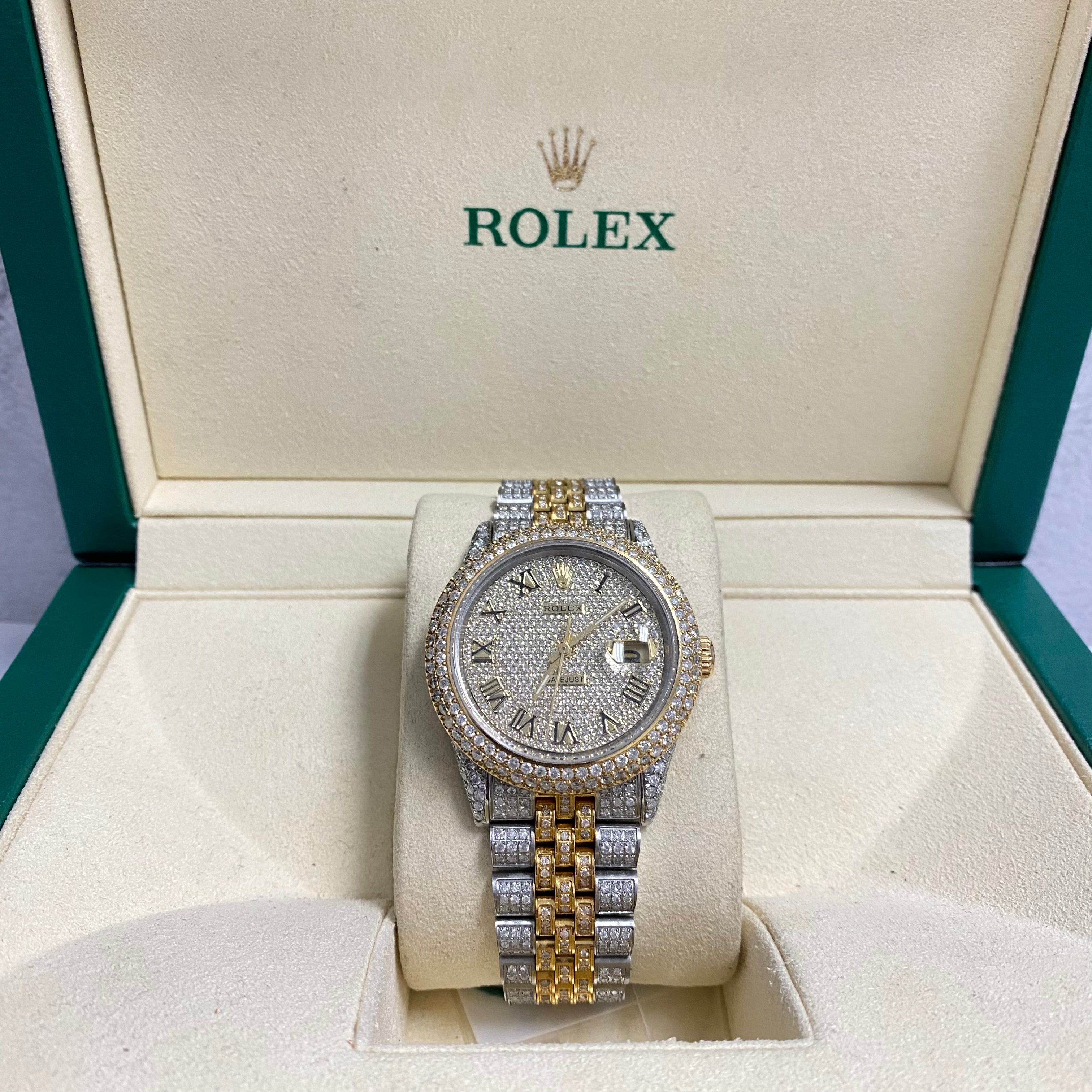 36Mm Bustdown Diamonds Rolex 2 Tone Yellow Roman Numbers Quick Set