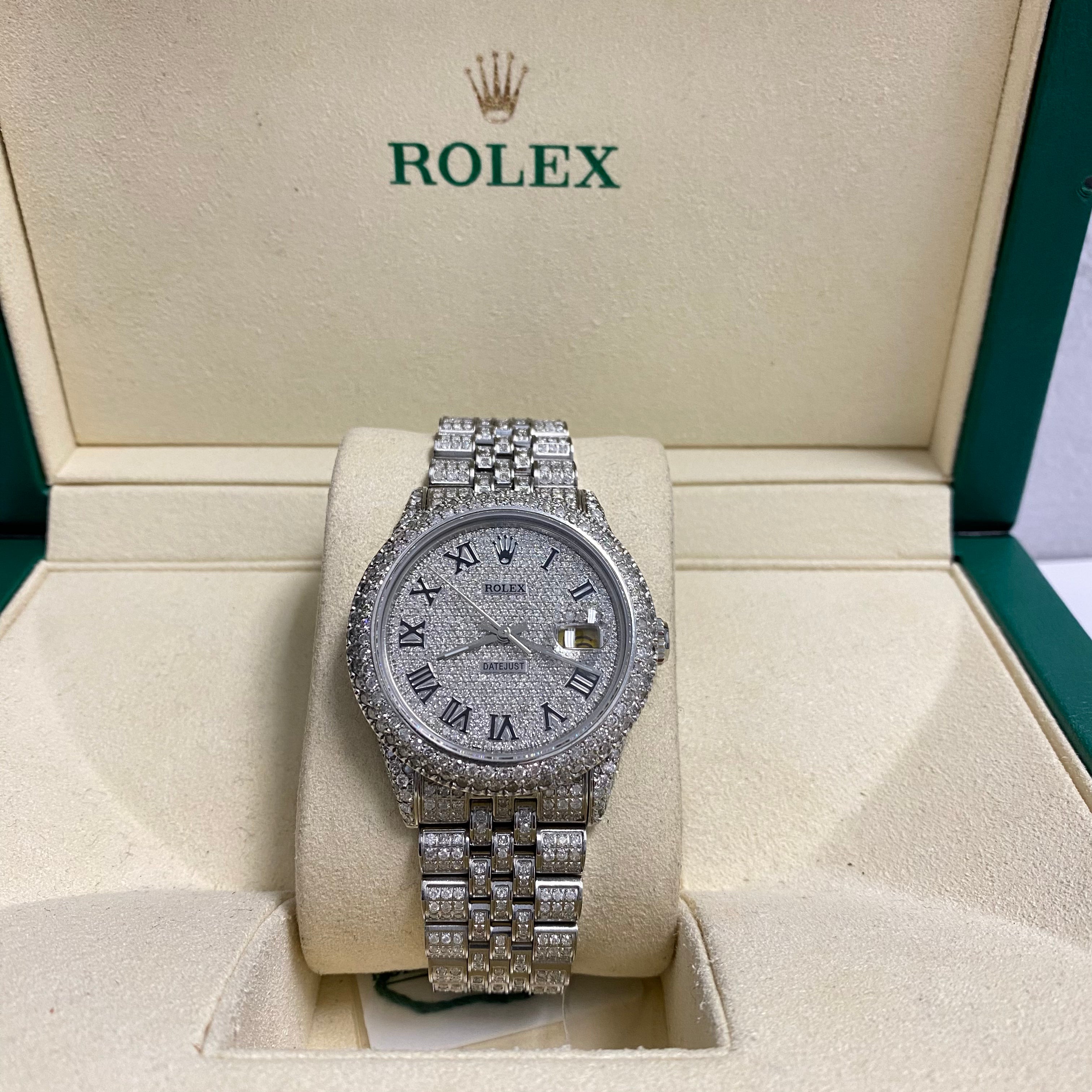 36Mm Bustdown Diamonds Rolex White Roman Numbers Quick Set