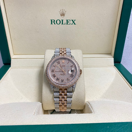 36Mm Bustdown Diamonds Rolex 2 Tone Rose Roman Numbers Quick Set