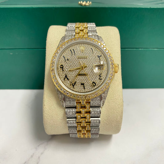 36Mm Bustdown Diamonds Rolex 2 Tone Yellow Arabic Numbers Non-Quick