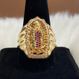 18K Yellow Gold Virgen De Guadalupe Ring With Green/Fucshia/White Zircons / 12.4gr / Size 12