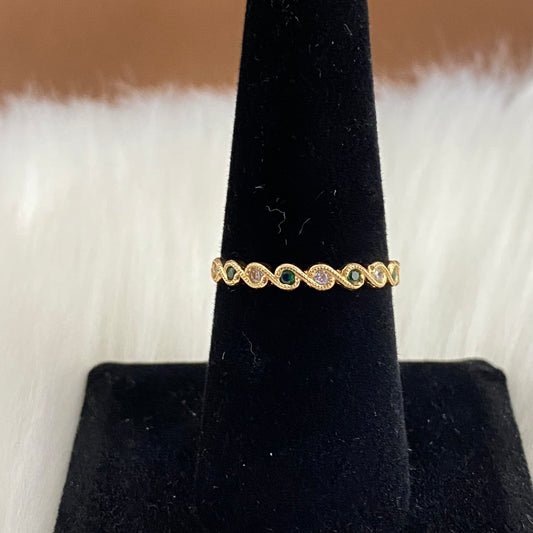 18K Yellow Gold Spiral Eyes Ring With Green/White Zircons / 1.5gr / Size 7.5