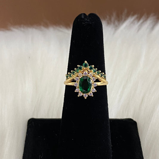 18K Yellow Gold Tiara Ring With Green/White Zircons / 3gr / Size 5.5