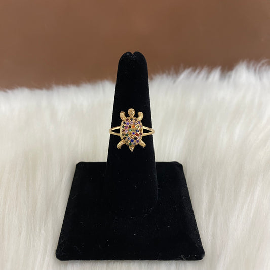 18K Yellow Gold Tortoise Ring With Color Zircons / 3.9gr / Size 6.5