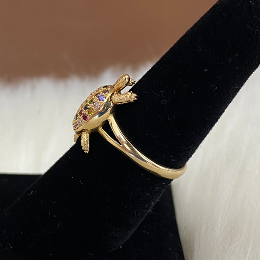 18K Yellow Gold Tortoise Ring With Color Zircons / 3.9gr / Size 6.5