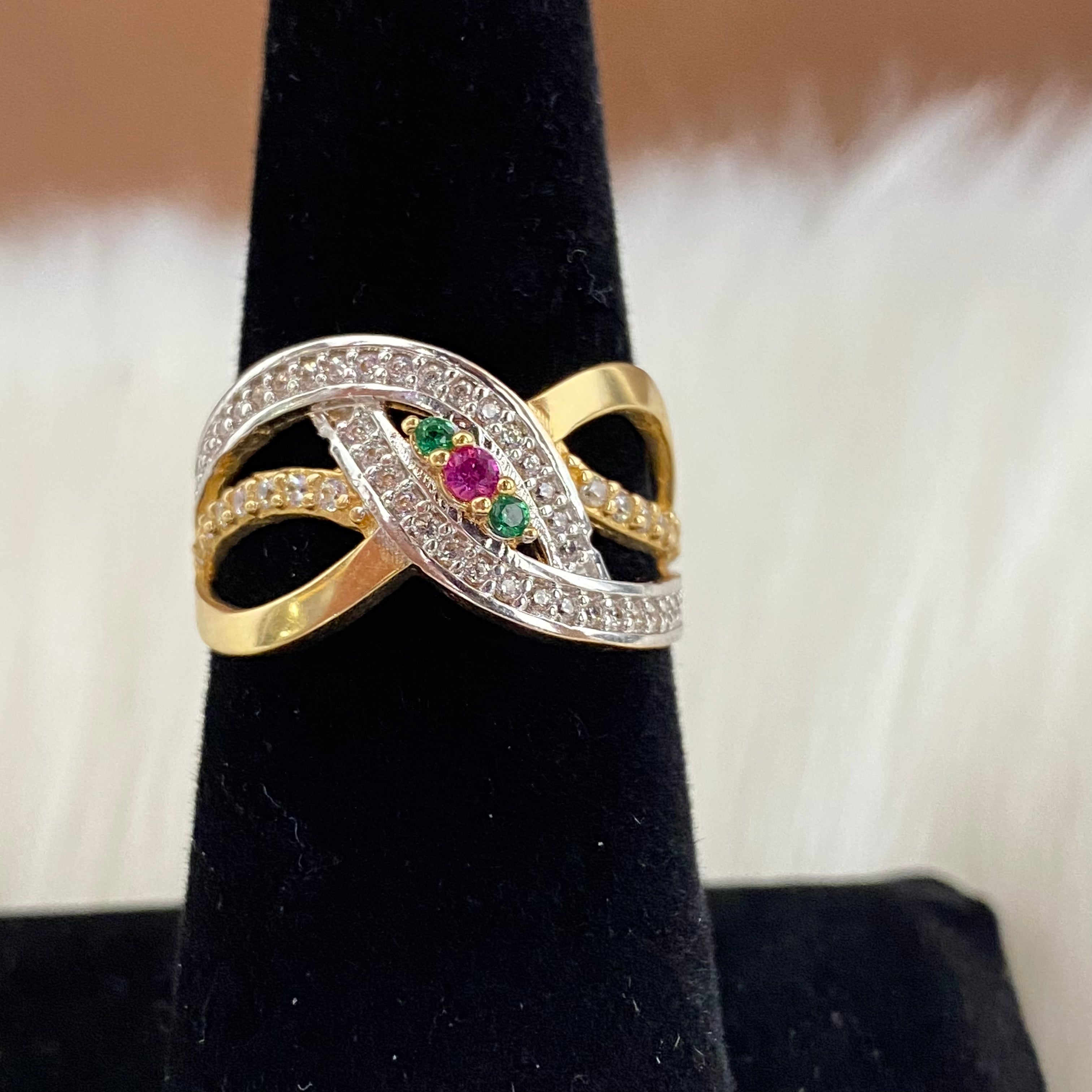 18K Yellow - White Gold Spiral  Ring With Fucshia/Green/White Zircons / 4.6gr / Size 6.5