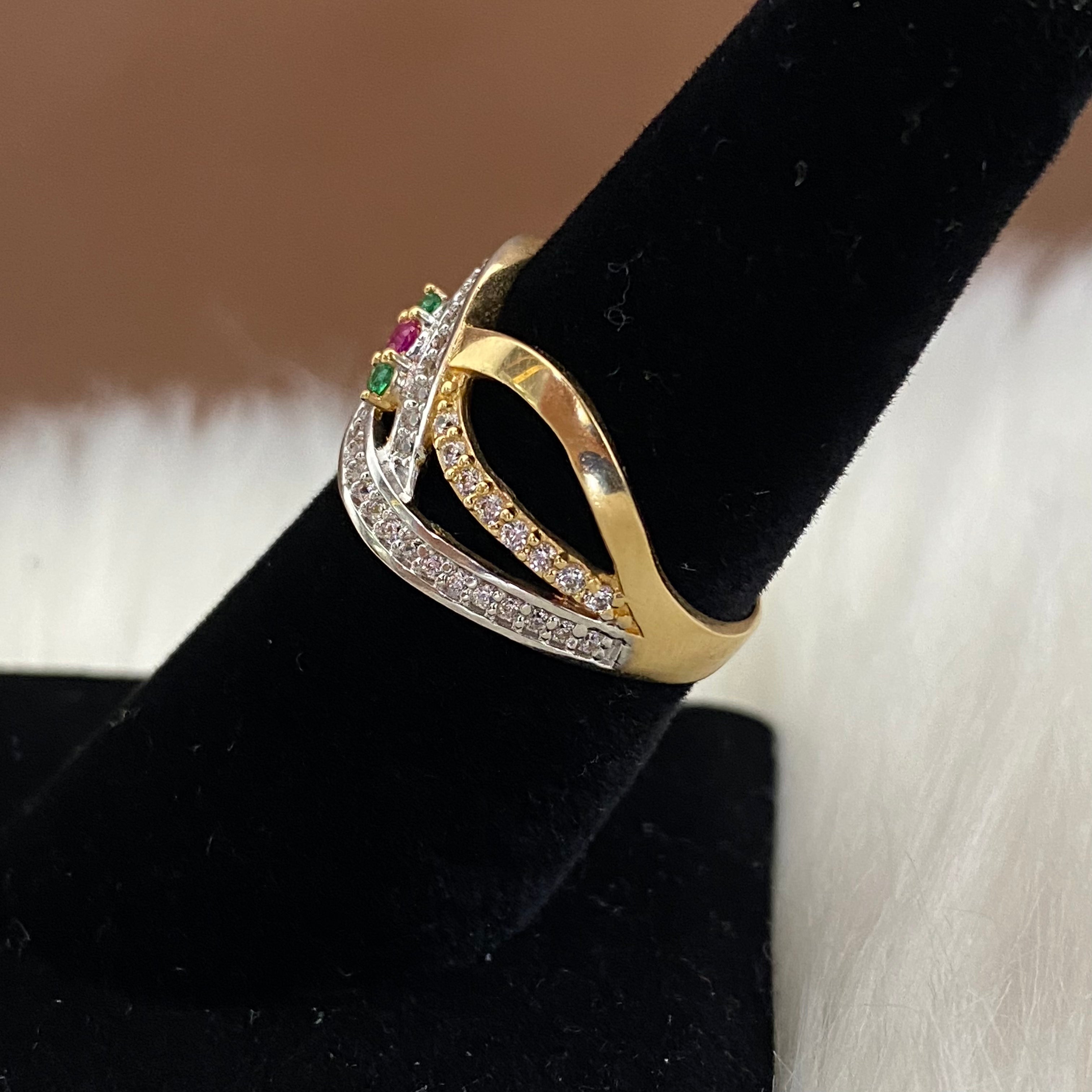 18K Yellow - White Gold Spiral  Ring With Fucshia/Green/White Zircons / 4.6gr / Size 6.5