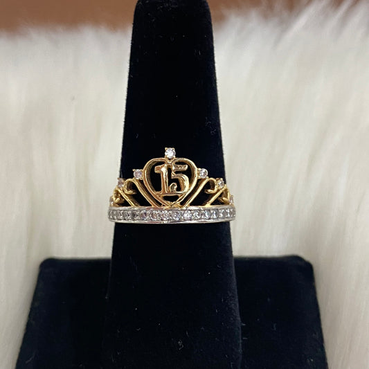 18K Yellow - White Gold Tiara 15 Ring With Zircons / 3.8gr / Size 8