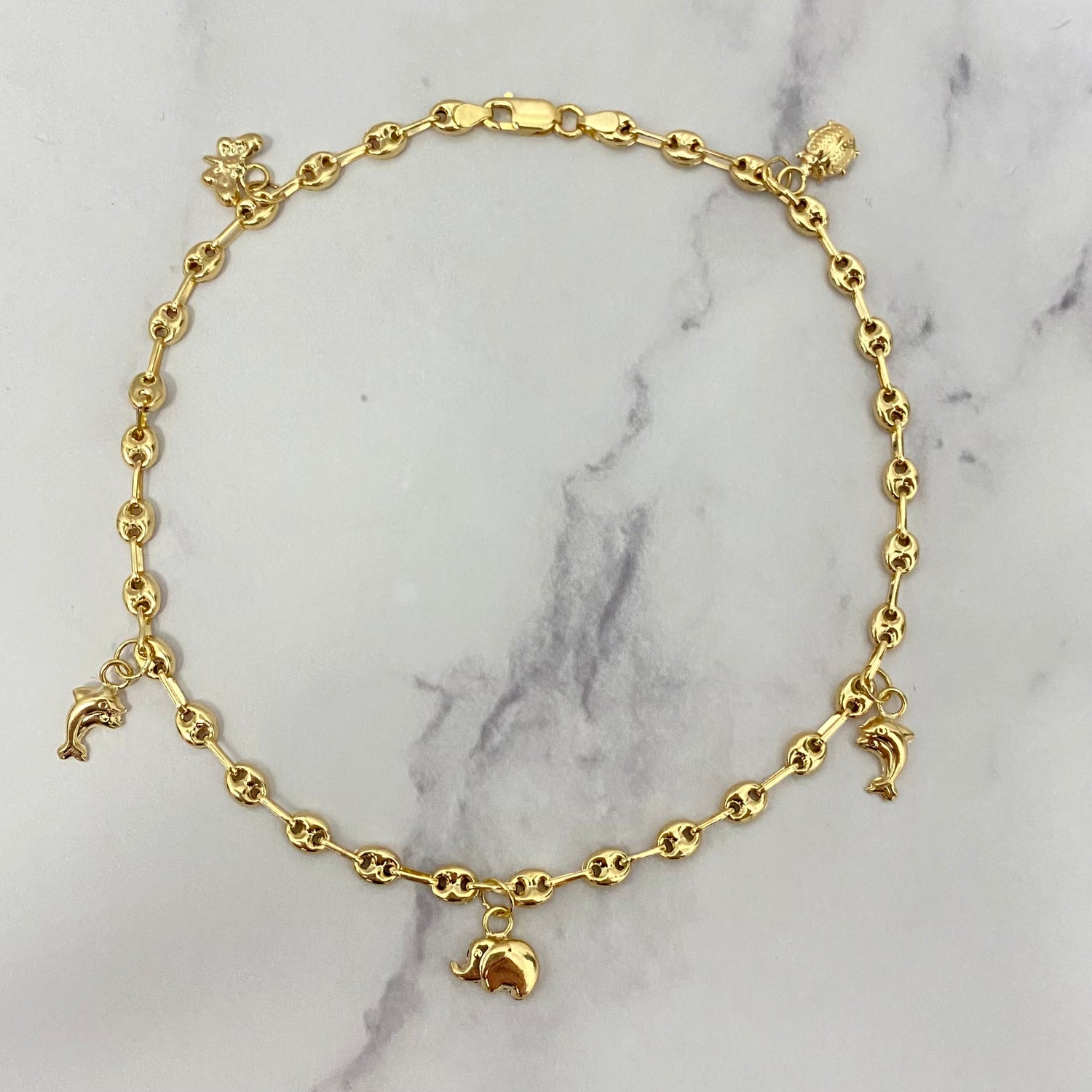 18K Yellow Gold Gc-Butterfly-Elephant-Dolphin-Ladybug Anklet / 4.2gr / 3.6mm / 9.5in