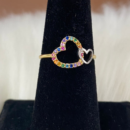 18K Yellow - White Gold Heart Ring With Color Zircons / 1.6gr / Size 6