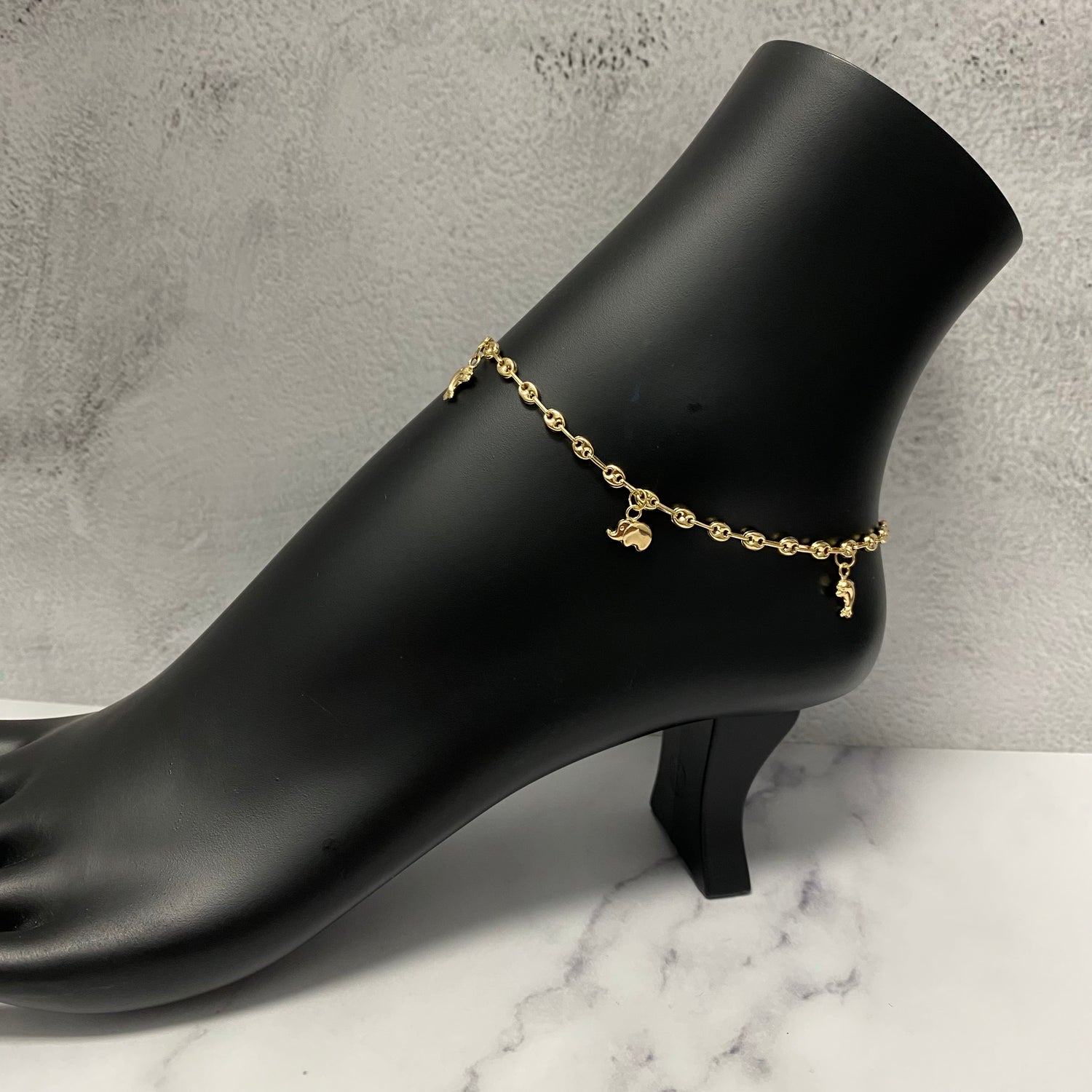 18K Yellow Gold Gc-Butterfly-Elephant-Dolphin-Ladybug Anklet / 4.2gr / 3.6mm / 9.5in