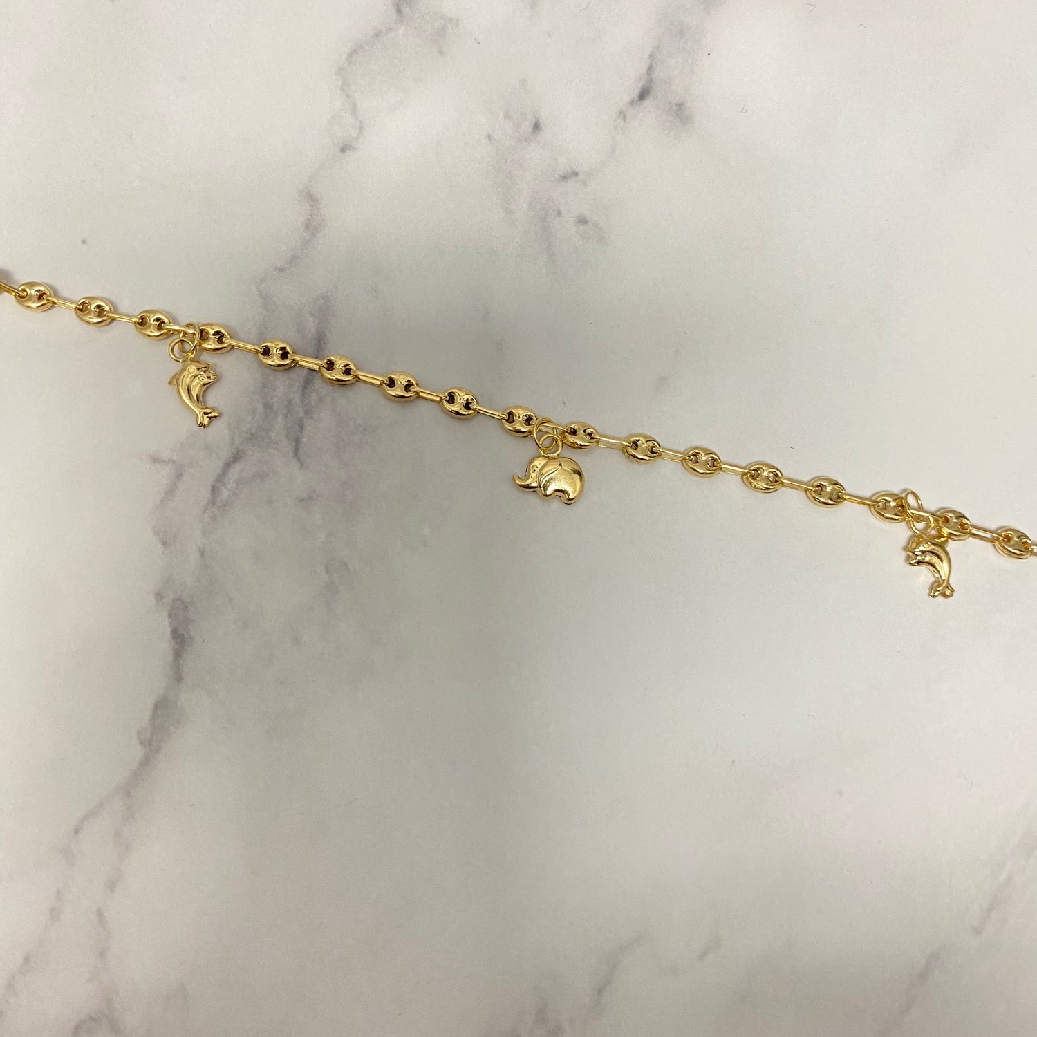 18K Yellow Gold Gc-Butterfly-Elephant-Dolphin-Ladybug Anklet / 4.2gr / 3.6mm / 9.5in