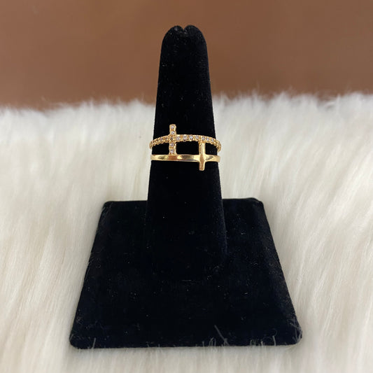 18K Yellow Gold Double Cross Ring With Zircons / 2.7gr / Size 7