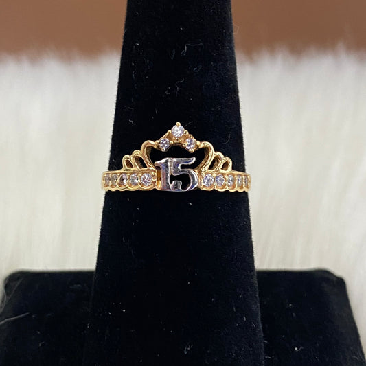 18K Yellow - White Gold 15 Tiara Ring With Zircons / 2.1gr / Size 7