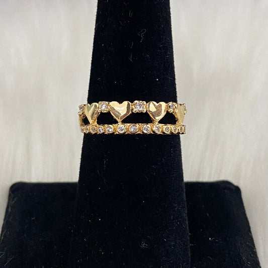 18K Yellow Gold Hearts Ring With Zircons / 2.6gr / Size 7