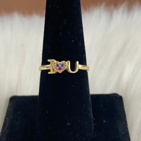 18K Yellow Gold I Love You Ring With Fucshia/Blue Zircons / 2gr / Size 7