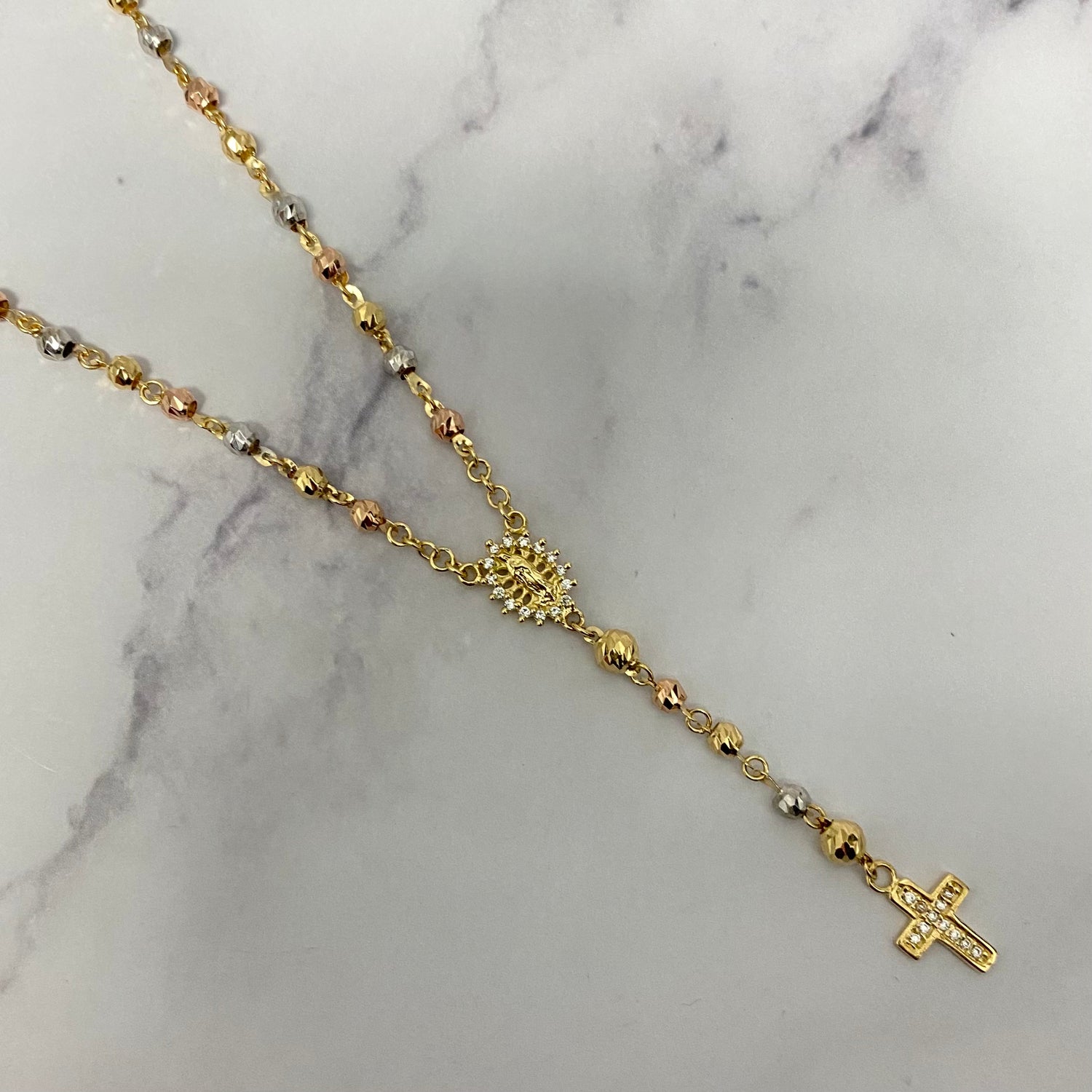 18K Three Colour Gold Rosary Military Balls Diamond Cut Chain With Zircons / 8gr / 3.1mm / 19in