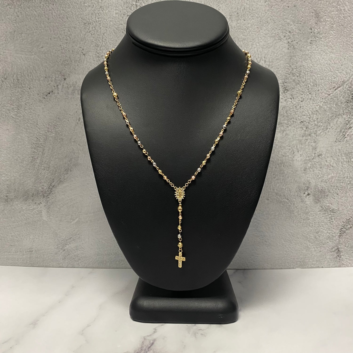 18K Three Colour Gold Rosary Military Balls Diamond Cut Chain With Zircons / 8gr / 3.1mm / 19in