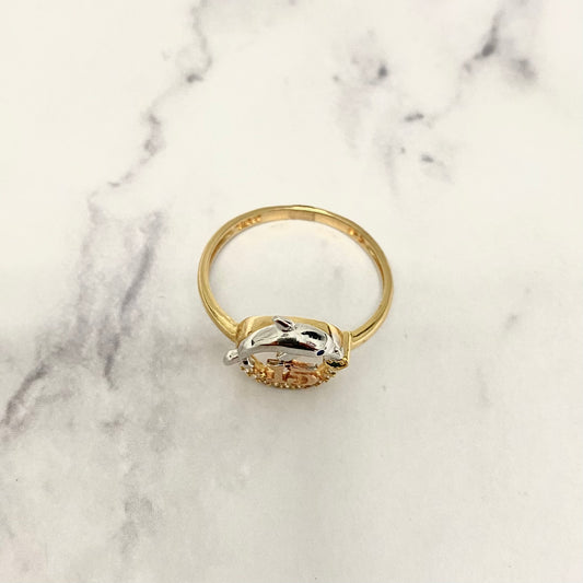 18K Three Colour Gold Dolphin 15S Ring With Zircons / 2.5gr / Size 8 1/4