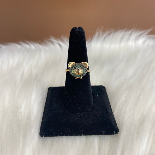 18K Yellow Gold Bear Ring With Green/Black Zircons / 4.7gr / Size 7