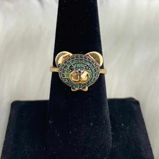 18K Yellow Gold Bear Ring With Green/Black Zircons / 4.7gr / Size 7