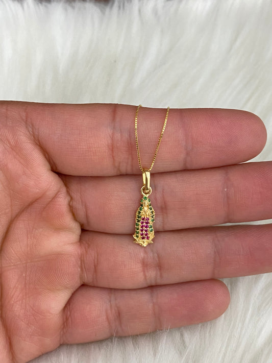 18K Yellow Gold Virgin Jewelry Set With Pink/Green Zircons / 2.33gr / 17in