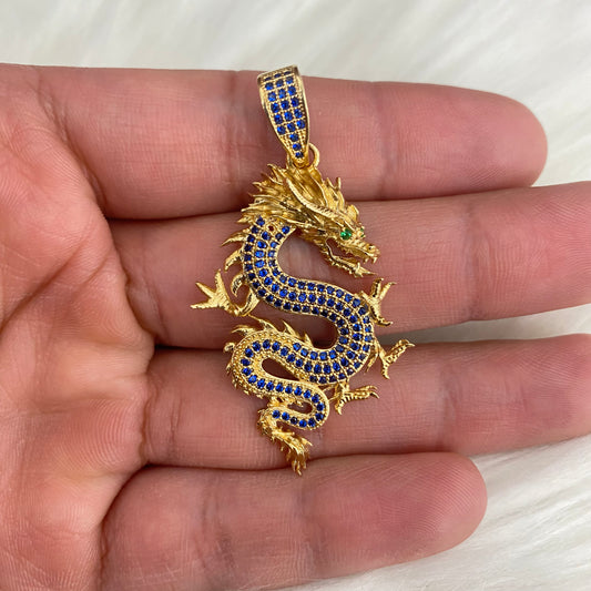 18K Yellow Gold Dragon Pendant With Blue/Green Zircons / 8.7gr