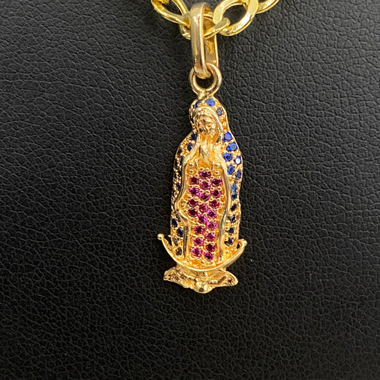 18K Yellow Gold Virgen De Guadalupe Pendant With Fucshia/Blue Zircons / 1.9gr