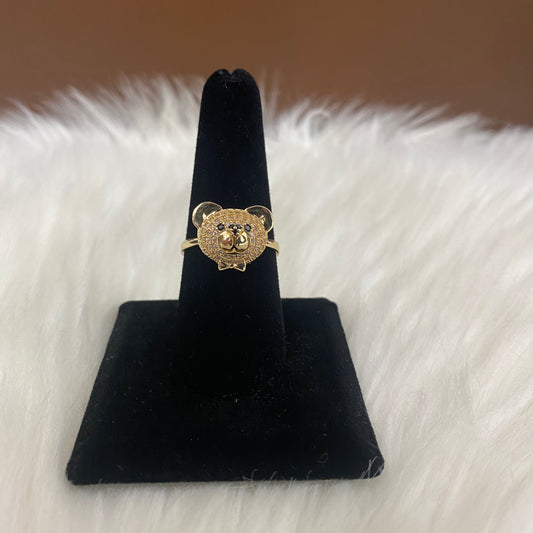 18K Yellow Gold Bear Ring With White/Black Zircons / 5gr /  Size 8