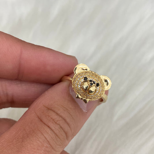 18K Yellow Gold Bear Ring With White/Black Zircons / 5gr /  Size 8