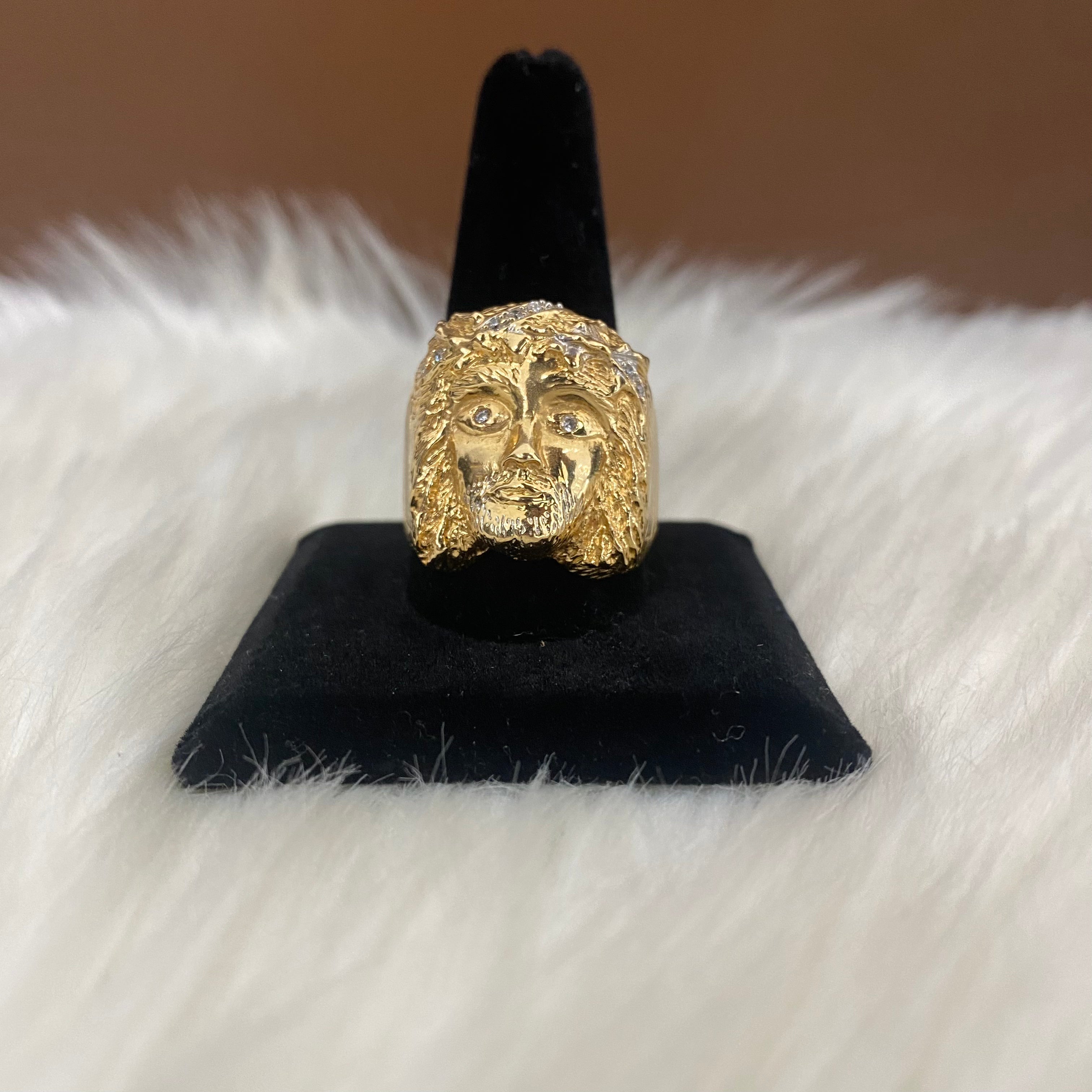 18K Yellow - White Gold Jesus Face Ring With Zircons / 12.8gr /  Size 14,5