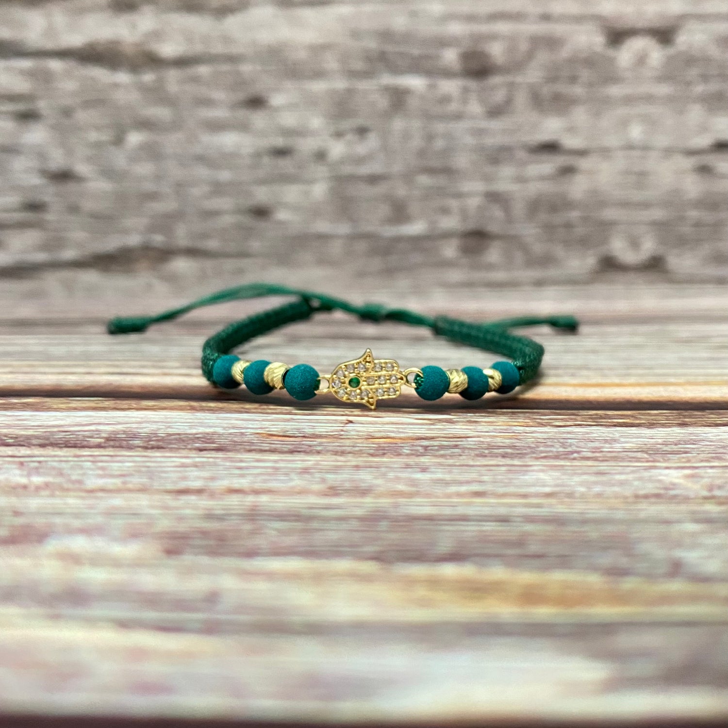 18K Yellow Gold Tejida Hamsa Hand-Diamond Cut Balls Bracelet With Green/White Zircons-Adjustable / 0.72gr