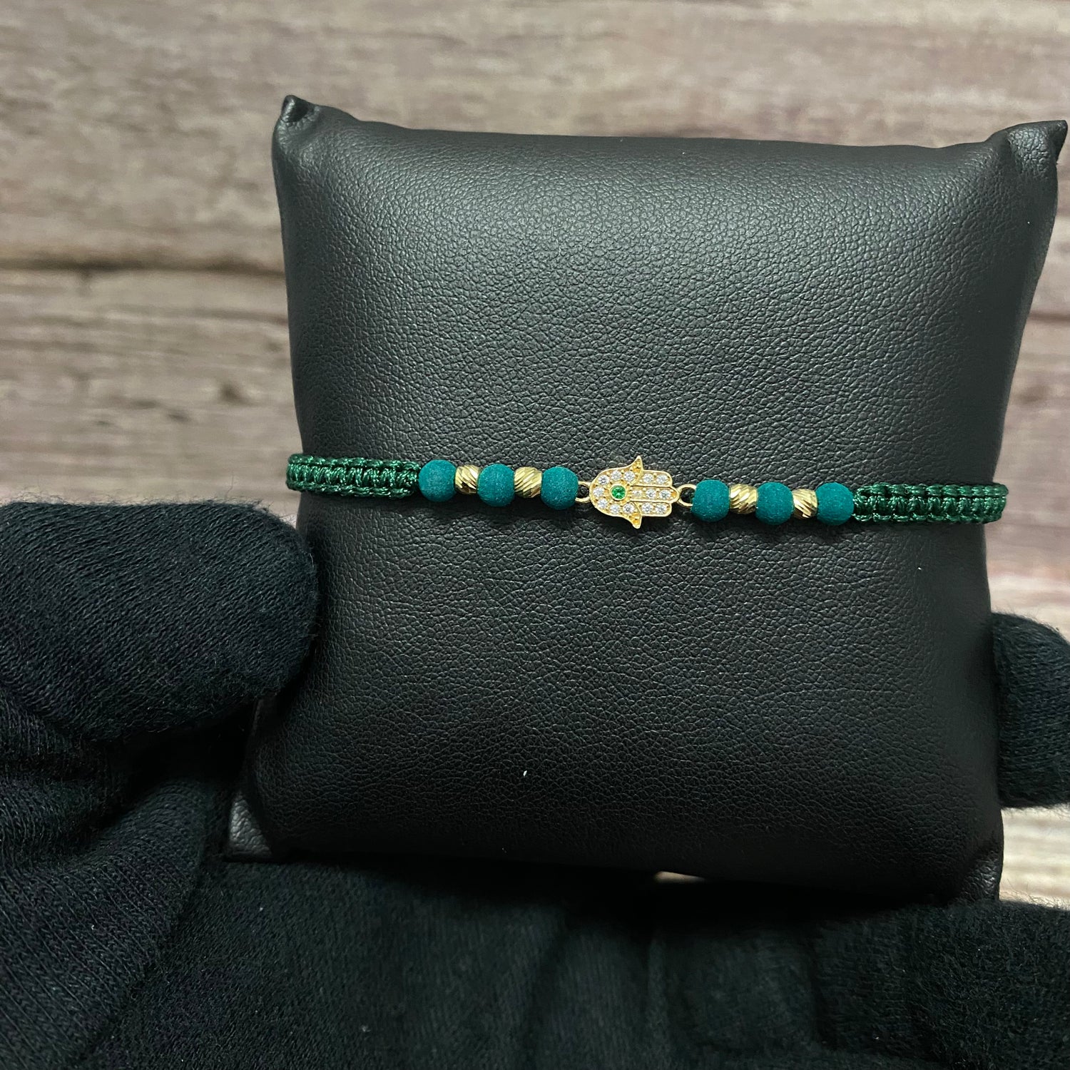 18K Yellow Gold Tejida Hamsa Hand-Diamond Cut Balls Bracelet With Green/White Zircons-Adjustable / 0.72gr