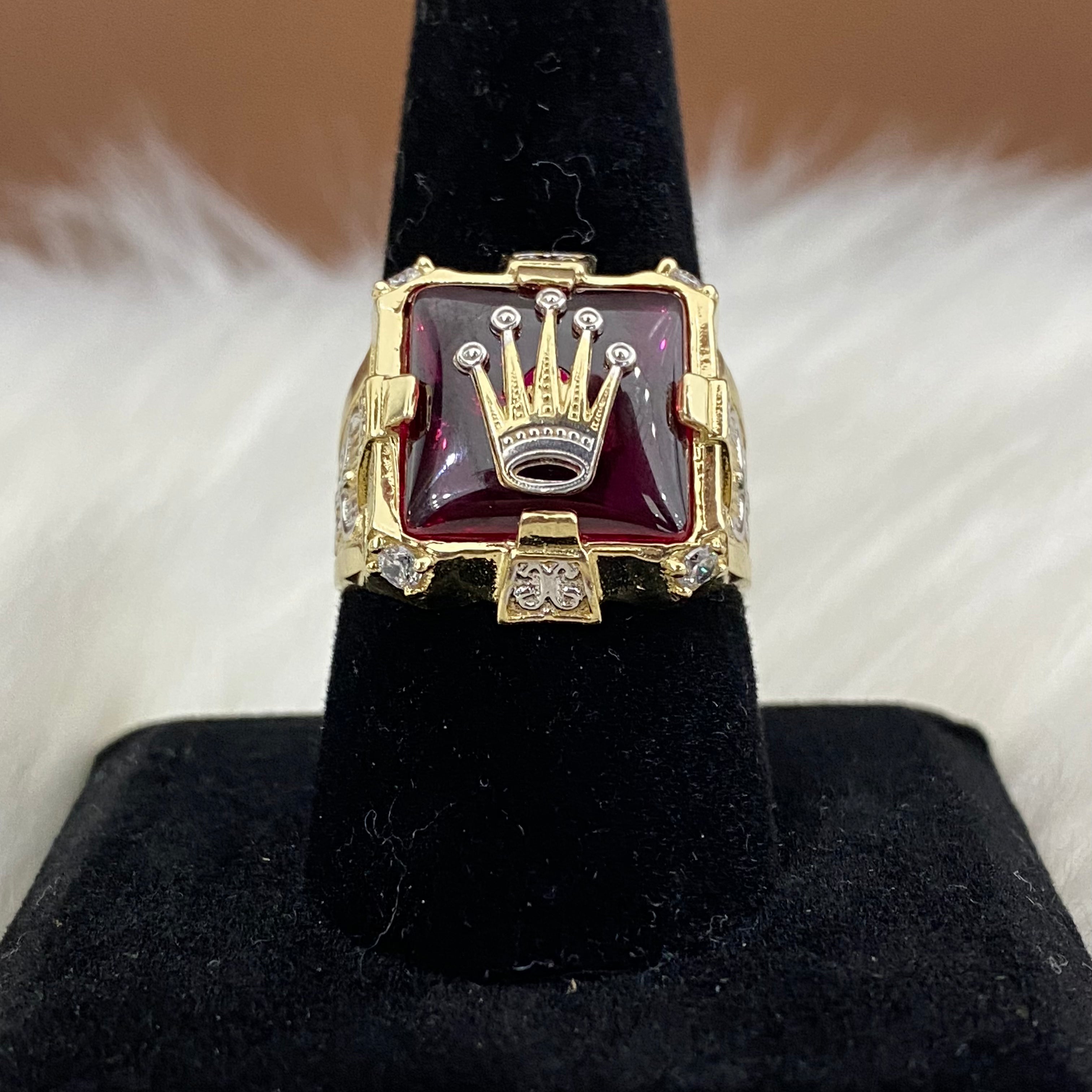 10K Yellow Gold Crown Ring With Red Zircon / 8.1gr / Size 9.5