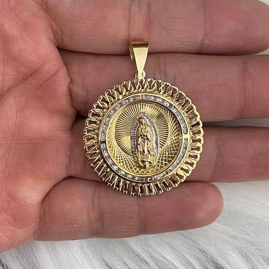 14K Yellow - White Gold Round Virgen Guadalupe Pendant With Zircons / 3gr