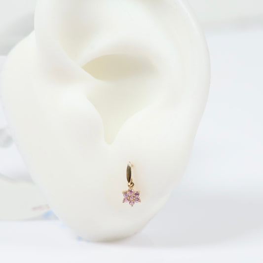 14K Yellow Gold Pink Flower Stud Earrings With Zircons / 0.48gr