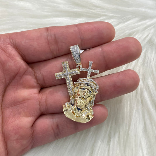 14K Yellow Gold Diamond Jesus Face With Cross Pendant 1.69Ct Dia / 14.7gr