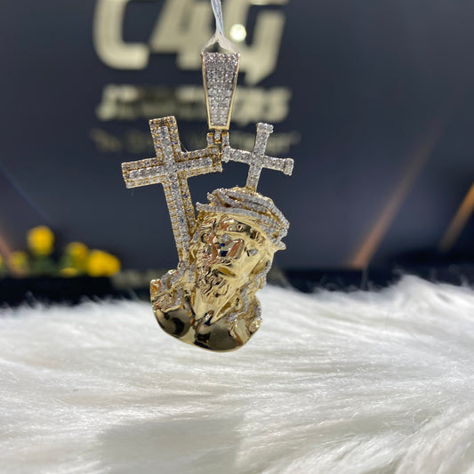 14K Yellow Gold Diamond Jesus Face With Cross Pendant 1.69Ct Dia / 14.7gr