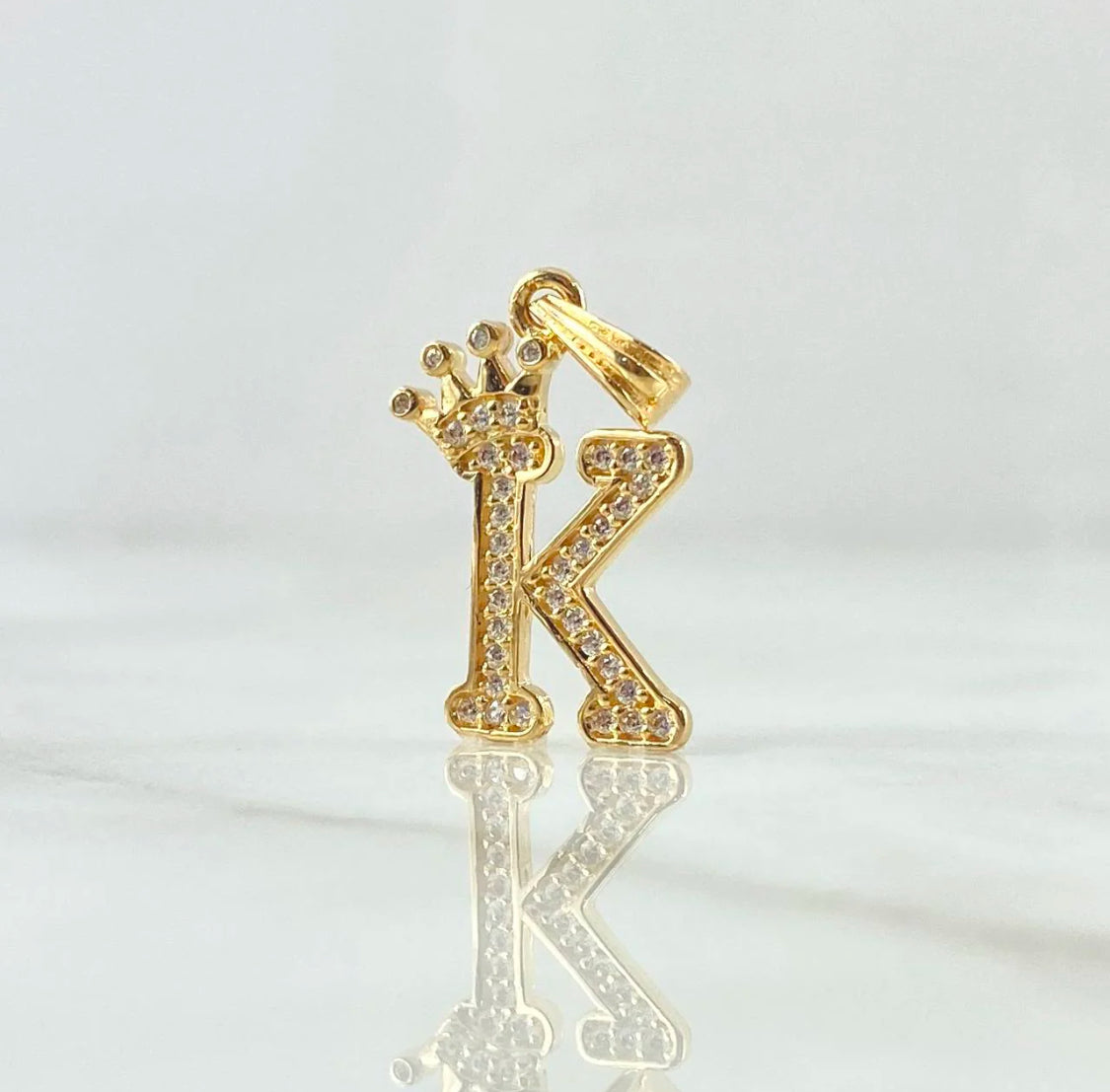 18K Yellow Gold Letter K With Crown Pendant With Zircons / 1.54gr / 1in