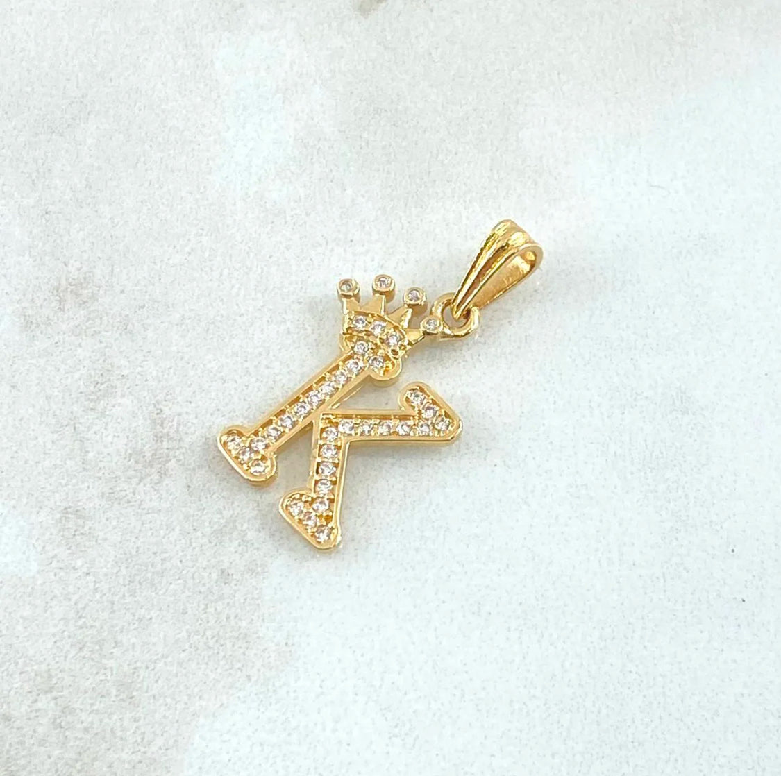 18K Yellow Gold Letter K With Crown Pendant With Zircons / 1.54gr / 1in