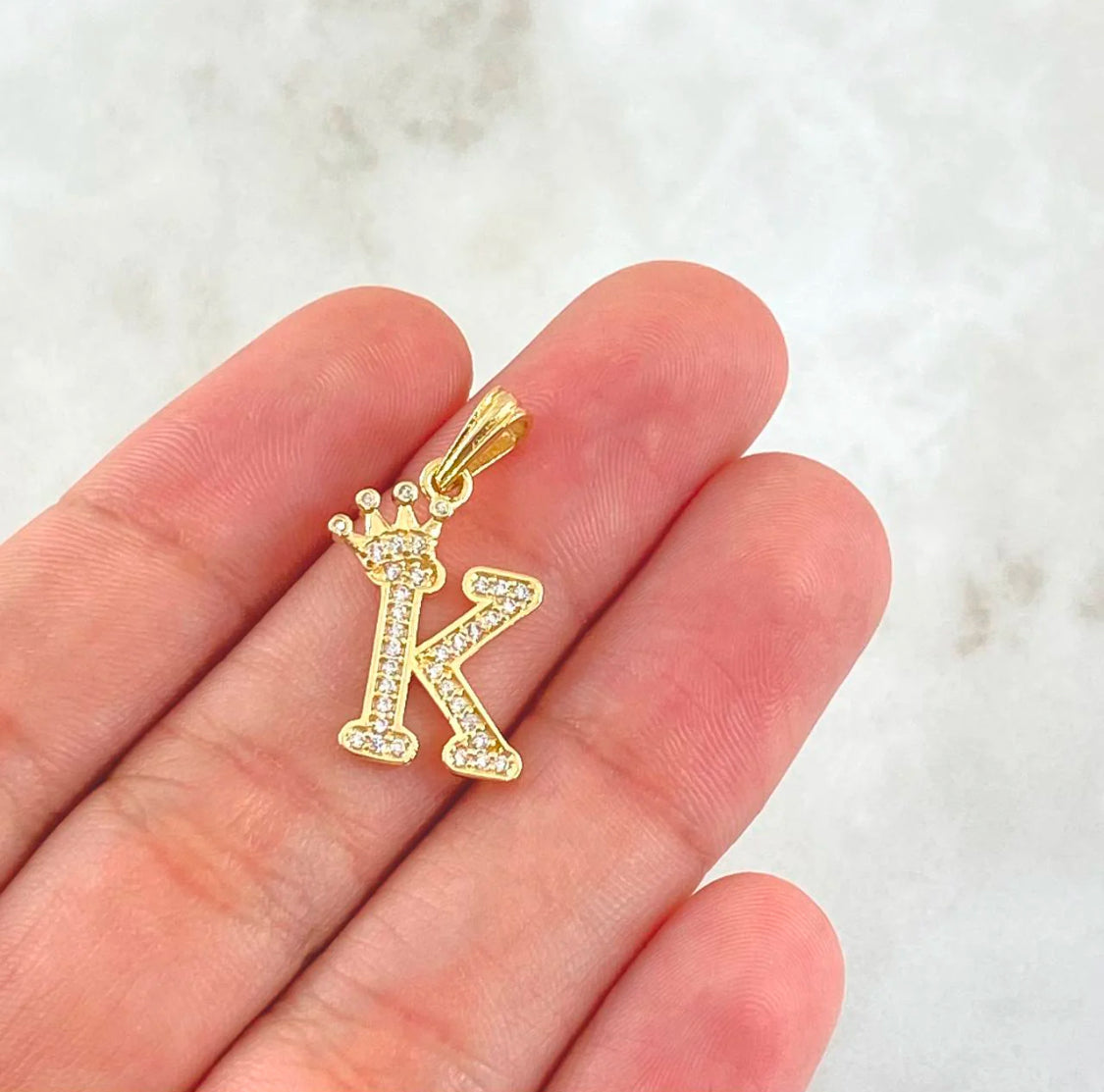 18K Yellow Gold Letter K With Crown Pendant With Zircons / 1.54gr / 1in