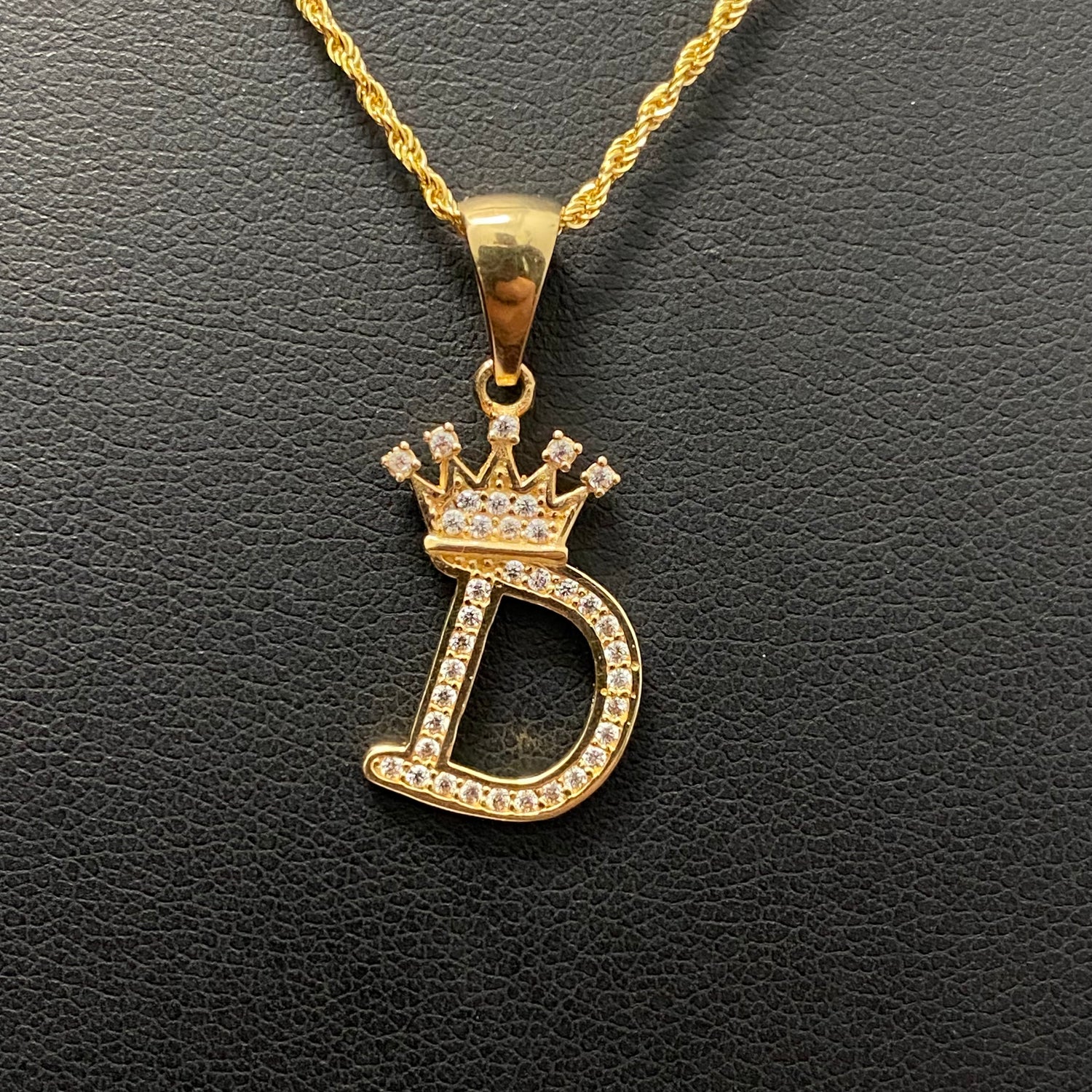18K Yellow Gold Letter D With Crown Jewelry Set With Zircons / 2.7gr / 1.5mm / 24in